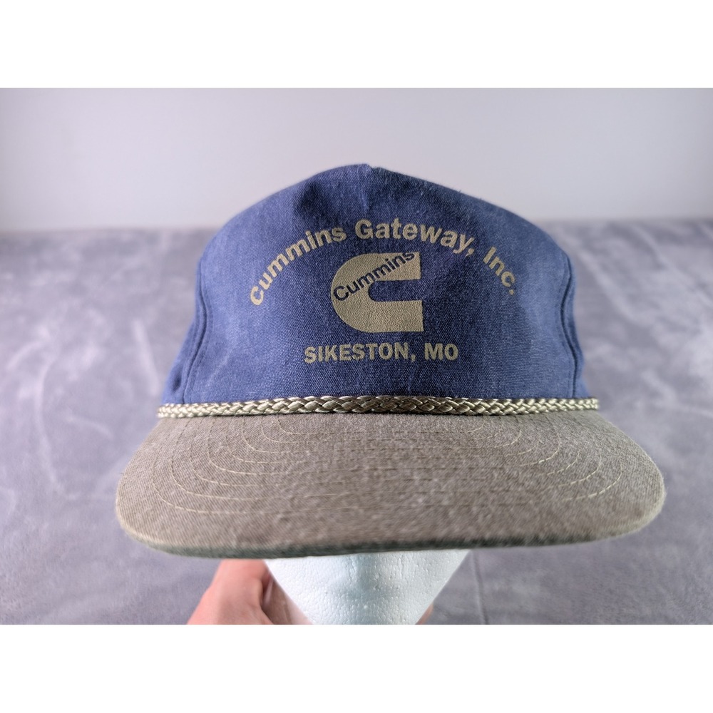 Vintage Nissun Cummins Gateway Inc Sikeston MO Blue Tan Rope Snapback Hat Cap